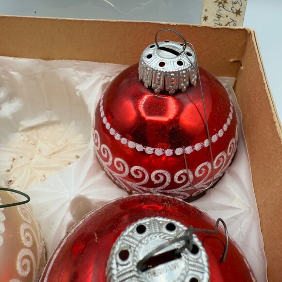 Vintage Lot Jumbo West Germany Mercury Glass Christmas Ornaments Round Red White - Picture 3 of 16